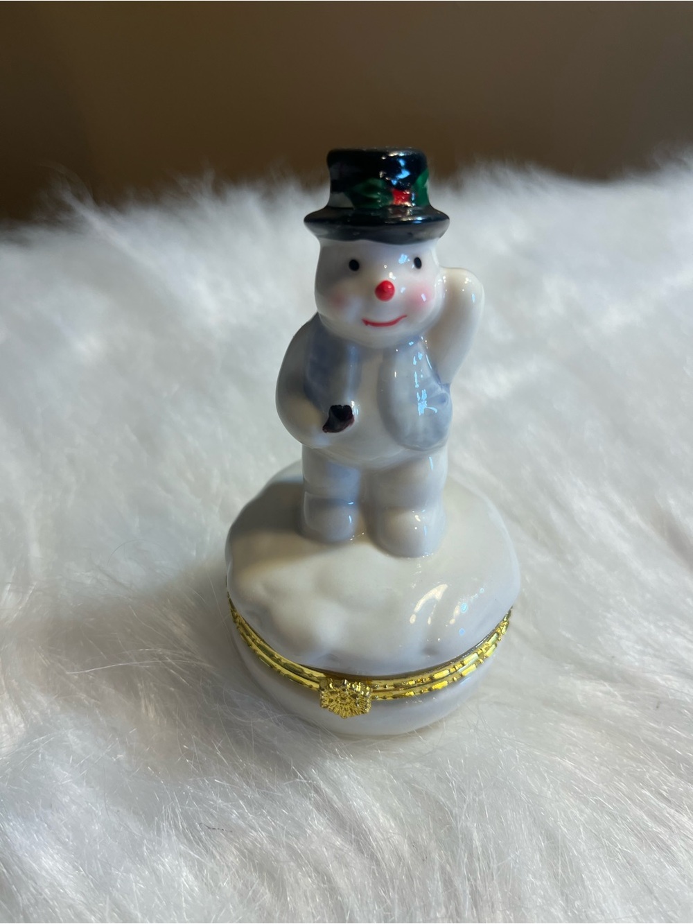 White Porcelain Snowman Trinket Box with Black Hat - Holiday Table Accent